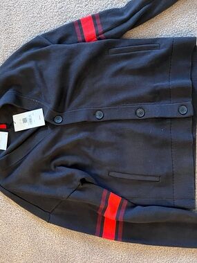 Wilson Dark Blue Button-Front Cardigan with Red Stripe Sleeves